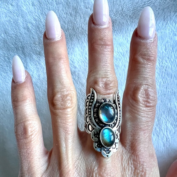 925 Flash Labradorite GODDESS ANGEL WING Ring 9 or 11 - Picture 4 of 13